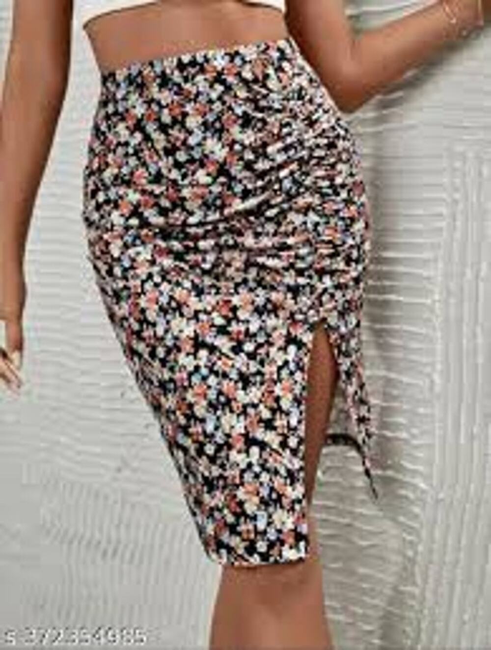 Shein x Frenchy Slit Skirt Black Floral Elastic Waist Knee Length Size Large NWT